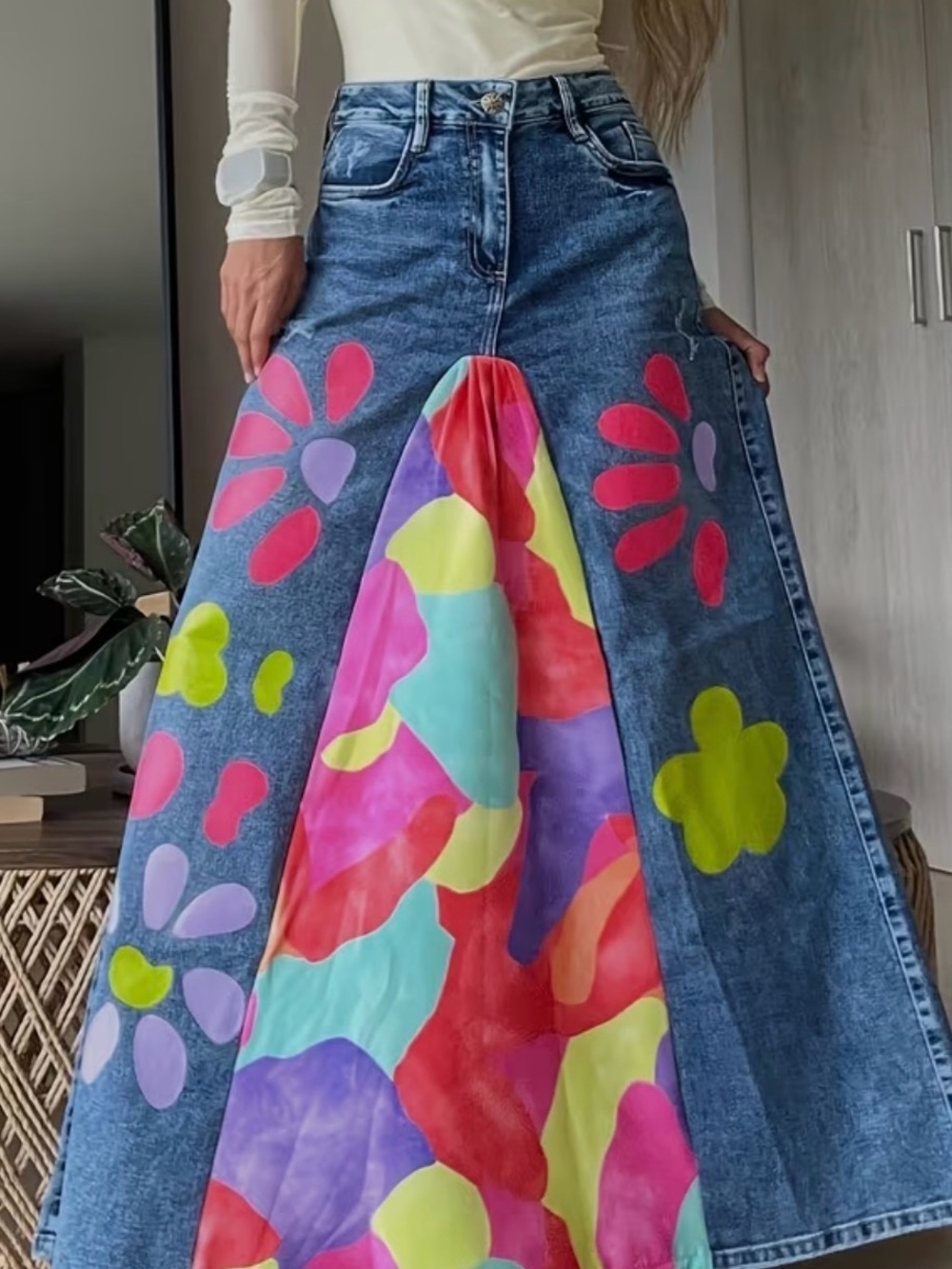 Boho Denim Floral Skirt